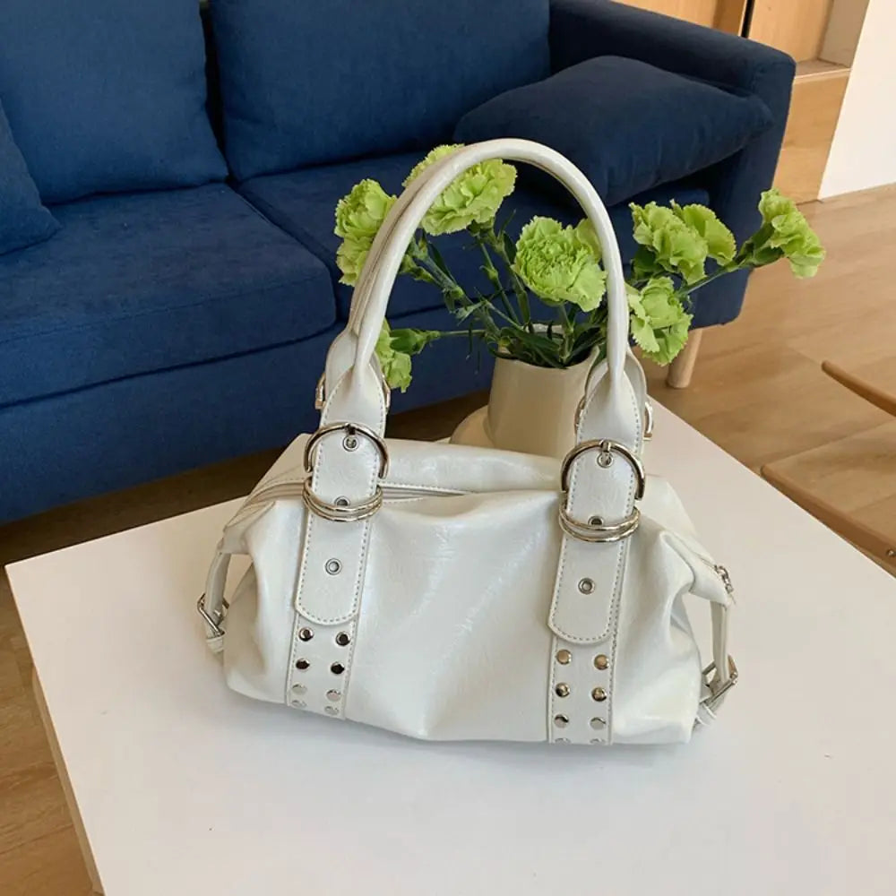 Bolso de Hombro Retro Y2K Simple con Remaches, Bolso de Motocicleta de Cuero PU Estilo Spicy Girl, Bolso Tote de Moda Coreana para Chicas