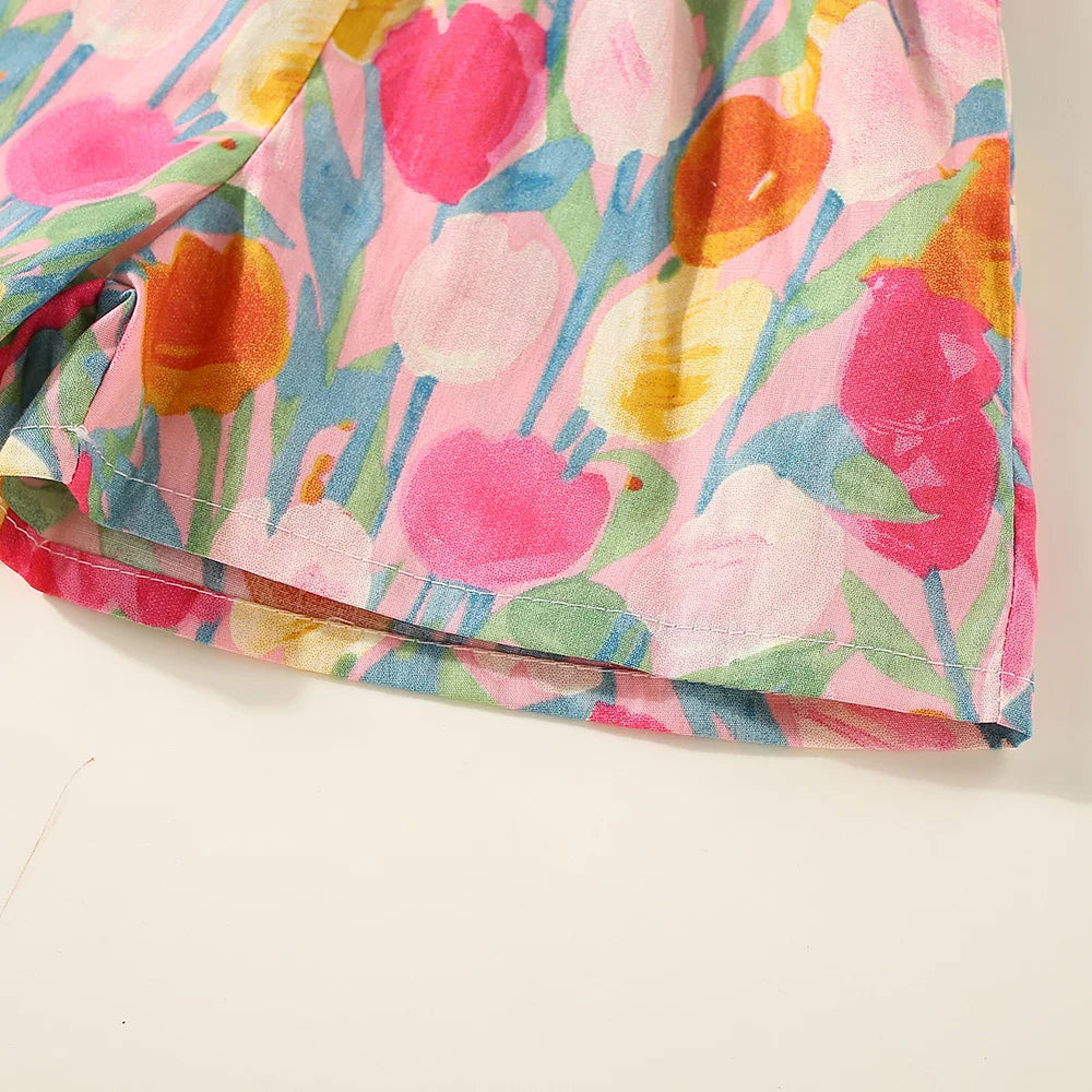 Conjunto de verano de 2 piezas con tirantes y pantalones cortos para niña, Top con tirantes de manga voladora pequeña con estampado de tulipán de dibujos animados