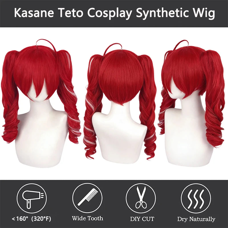 Peluca de Cosplay Kasane Teto, Roja con Reflejos Blancos, Rizada, con Dos Colas de Caballo, Resistente al Calor, Cabello Sintético de Anime para Comic Con y Halloween