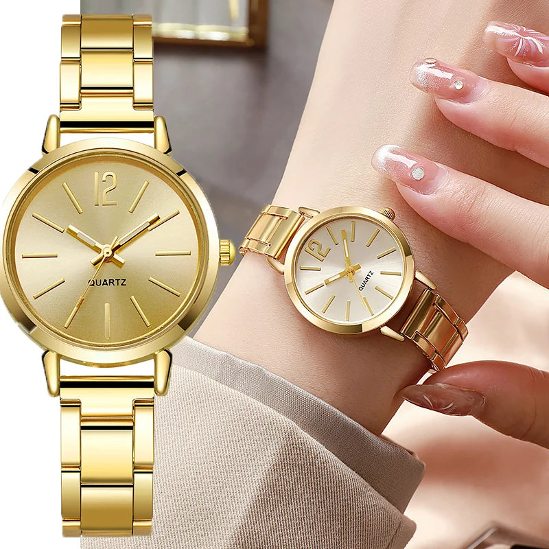 Reloj de lujo para Mujer, esfera redonda Simple, pulsera de oro de moda inoxidable, Reloj de pulsera de cuarzo, relojes para estudiantes y Mujer