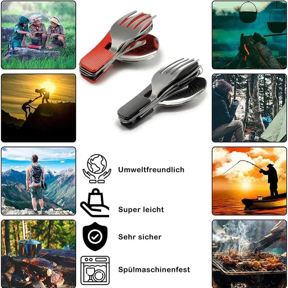 Juego de utensilios de camping plegables 4 en 1, cuchillo multifuncional, tenedor, cuchara, abridor de botellas para supervivencia al aire libre, deportes, camping y senderismo.
