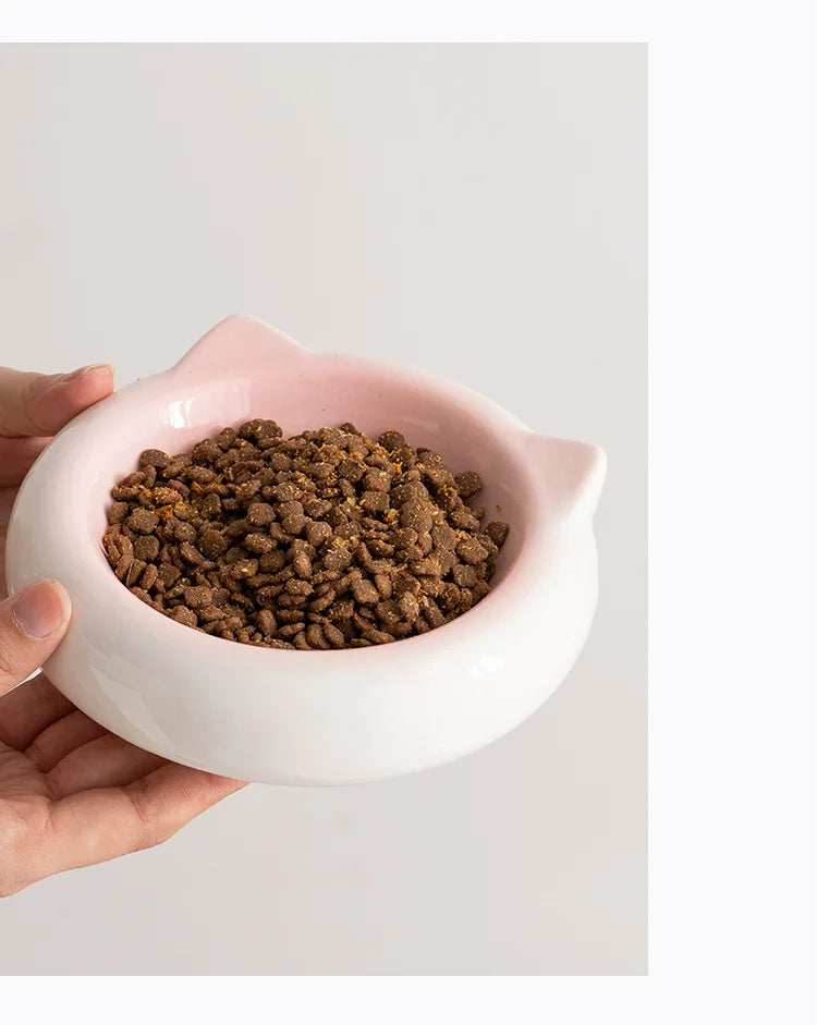 Cuenco de comida con forma de oreja de gato de fondo plano de cerámica creativo, plato de comedor, suministros antisuciedad para mascotas, cuenco para beber