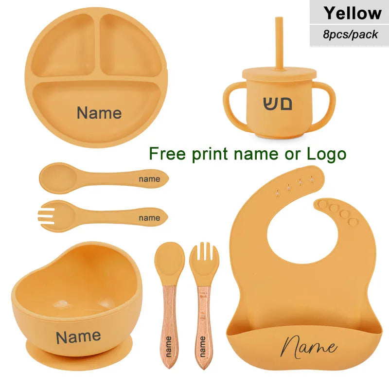 Juego de alimentación de silicona para bebé, plato de comedor redondo, cuenco con ventosa, platos para niños, vajilla con nombre personalizado, taza de paja, 8 Uds.