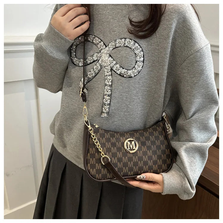 Bolso retro francés para axila, bolso de un hombro con estampado de letras y cadena cuadrada cruzada diagonal para mujer