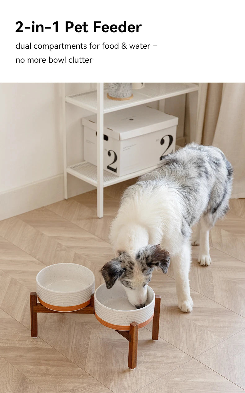 Cuencos grandes de cerámica para mascotas de 1800 ml con soporte de madera: platos de alimentación para perros grandes elevados dobles, cuencos antideslizantes para gatos