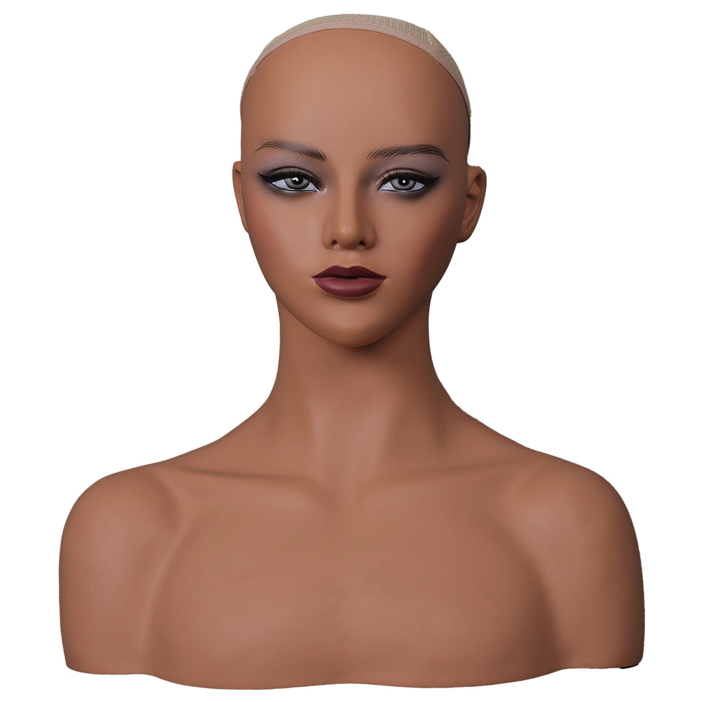 Cabeza de peluca femenina, maniquí de piel marrón claro, maquillaje realista, cabeza de maniquí, soporte para peluca, 1,8 kg/unidad, cabeza simulada de relleno de espuma para pelucas