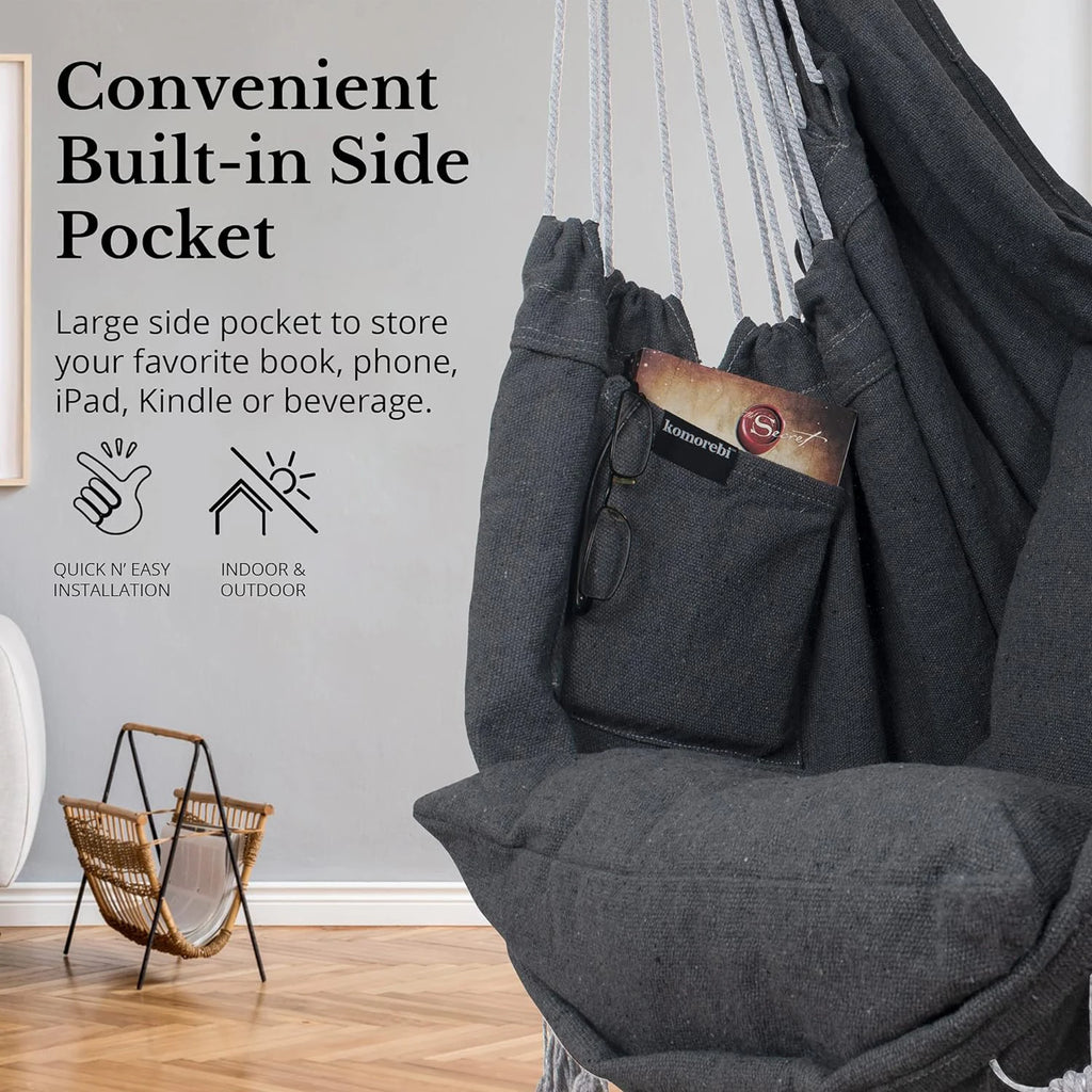Silla Colgante de Macramé con 2 Almohadas |   Columpio de Cuerda de Algodón con Capacidad para 500 lb |   Diseño de bolsillo para uso en interiores/exteriores