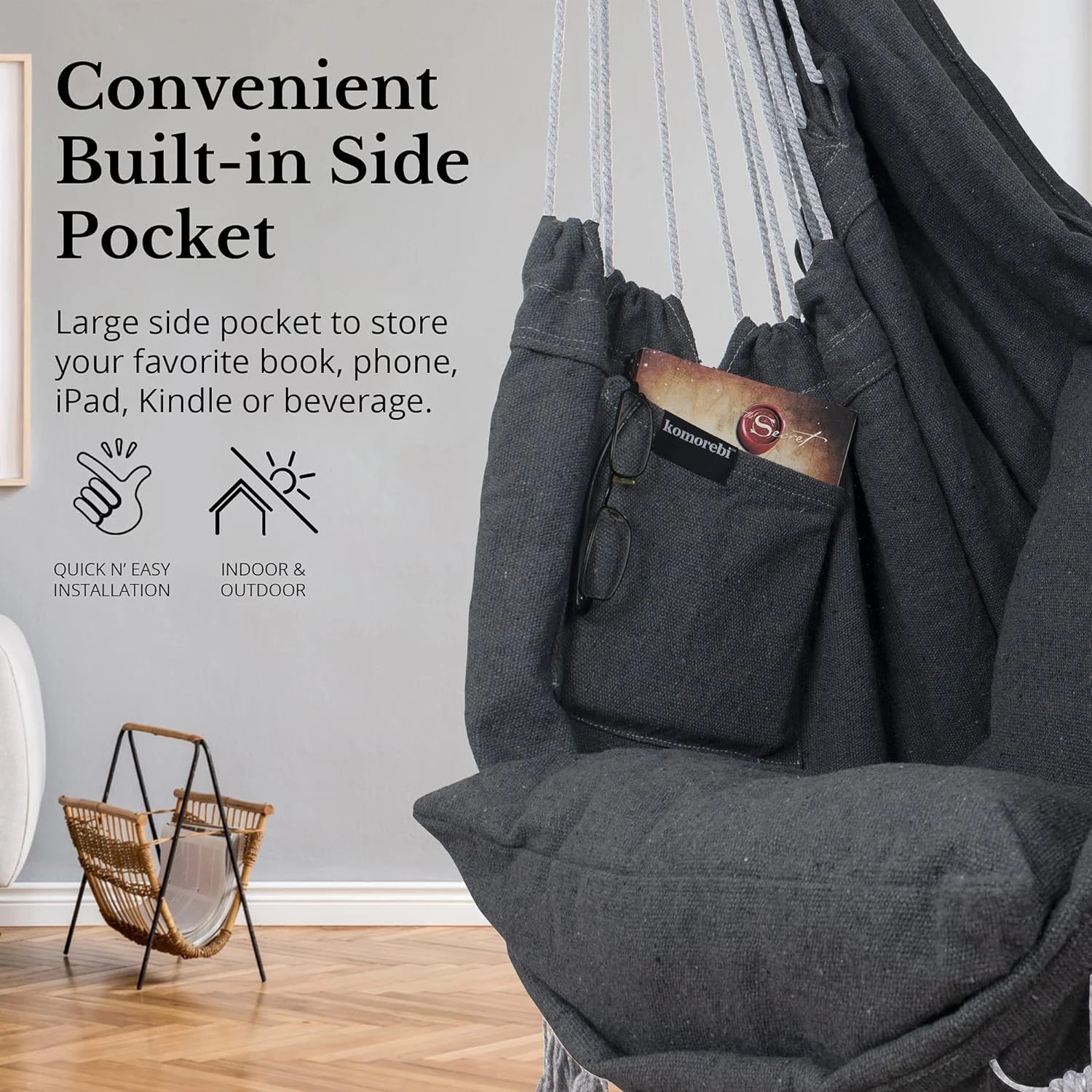 Silla Colgante de Macramé con 2 Almohadas |   Columpio de Cuerda de Algodón con Capacidad para 500 lb |   Diseño de bolsillo para uso en interiores/exteriores
