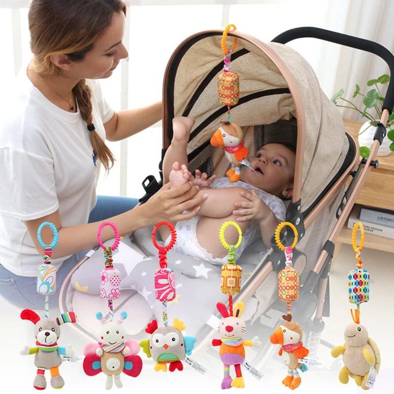 Sonajeros colgantes sensoriales para bebé, juguete de aprendizaje suave, cochecito de animales de peluche, cama de coche infantil, cuna con mordedor para bebés y niños pequeños