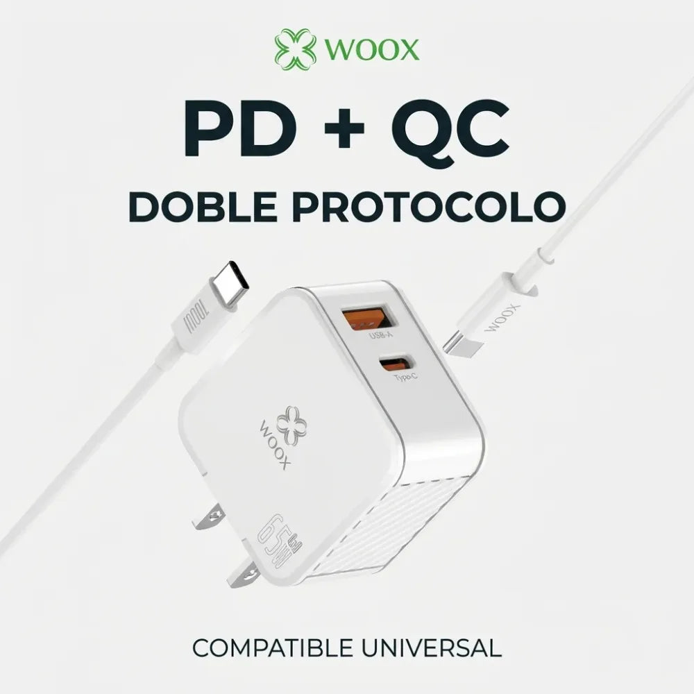 Cargador Rápido Woox 65W GaN con Cable de 100W, 2 Puertos Compactos (USB-C PD y USB-A) para iPhone 17, Teléfono Android, Ordenador Portátil