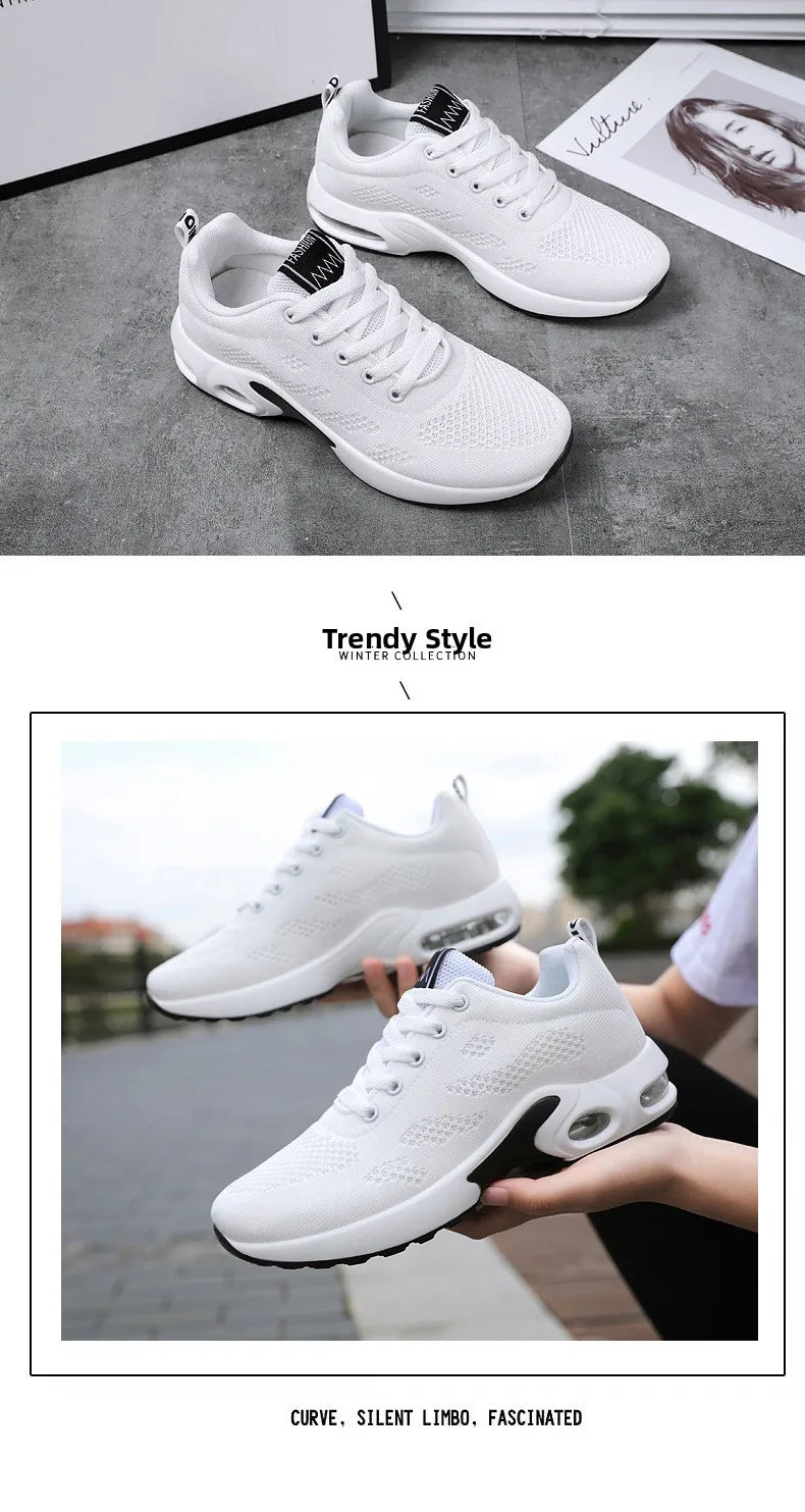 Zapatos deportivos transpirables con amortiguación de aire para mujer, zapatillas informales con cordones cruzados y tacón plano con punta redonda de estilo coreano