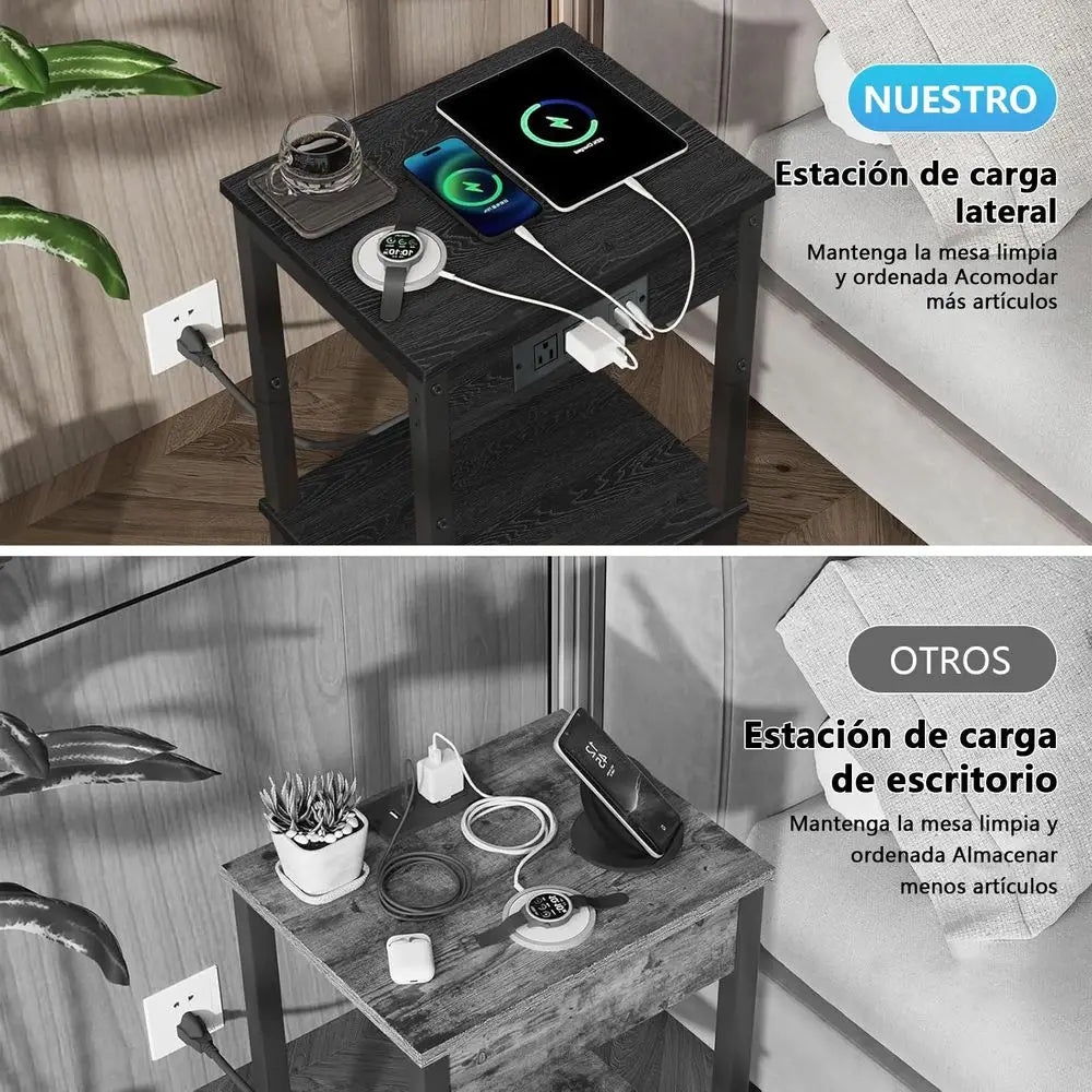 2 Mesitas de Noche, Mesa Auxiliar con Estación de Carga, Burós para Recámara, Mesas Auxiliares de 2 Niveles con Estante Abierto