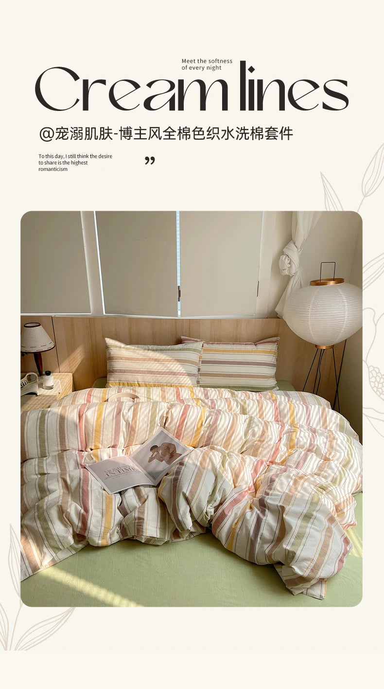 Juego de cama suave de algodón 100%, funda nórdica con estampado de rayas y funda de almohada, ropa de cama, colcha, fundas de almohada, juegos de edredón