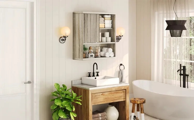 Armario de pared de roble original para baño, dormitorio, cocina, con puerta corredera, 3 niveles, estante flotante de madera montado en la pared