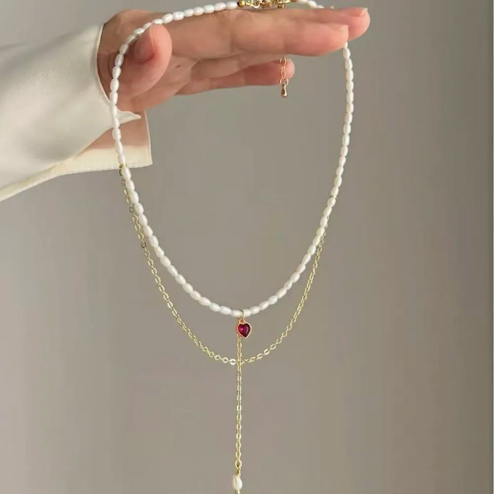 Collar con colgante de cadena con borlas a la moda para mujer, cadena de perlas de imitación y cristal transparente bohemio, joyería, regalo de San Valentín N0538
