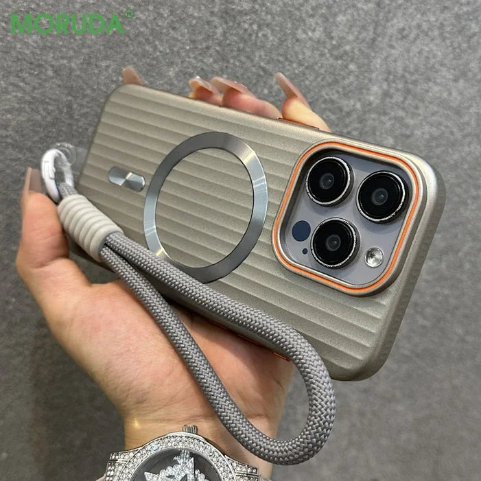 Funda Magnética Delgada Mate con Rayas para iPhone 16 15 ProMax 14 13 12 Pro Max 16 Plus, Antigolpes, Compatible con Magsafe, con Cordón