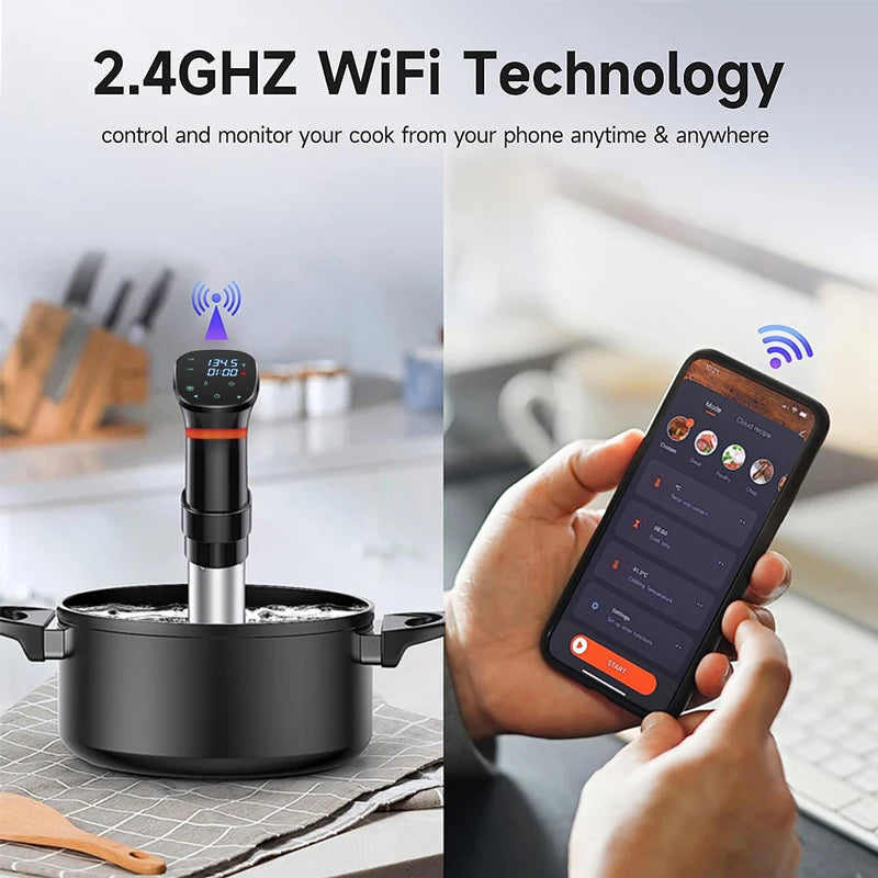 Sous Vide WIFI 1100W de alta potencia con función de olla de cocción lenta Temporizador de 99 horas y cocción al vacío de precisión, ±0,1 ° C Contraste de temperatura