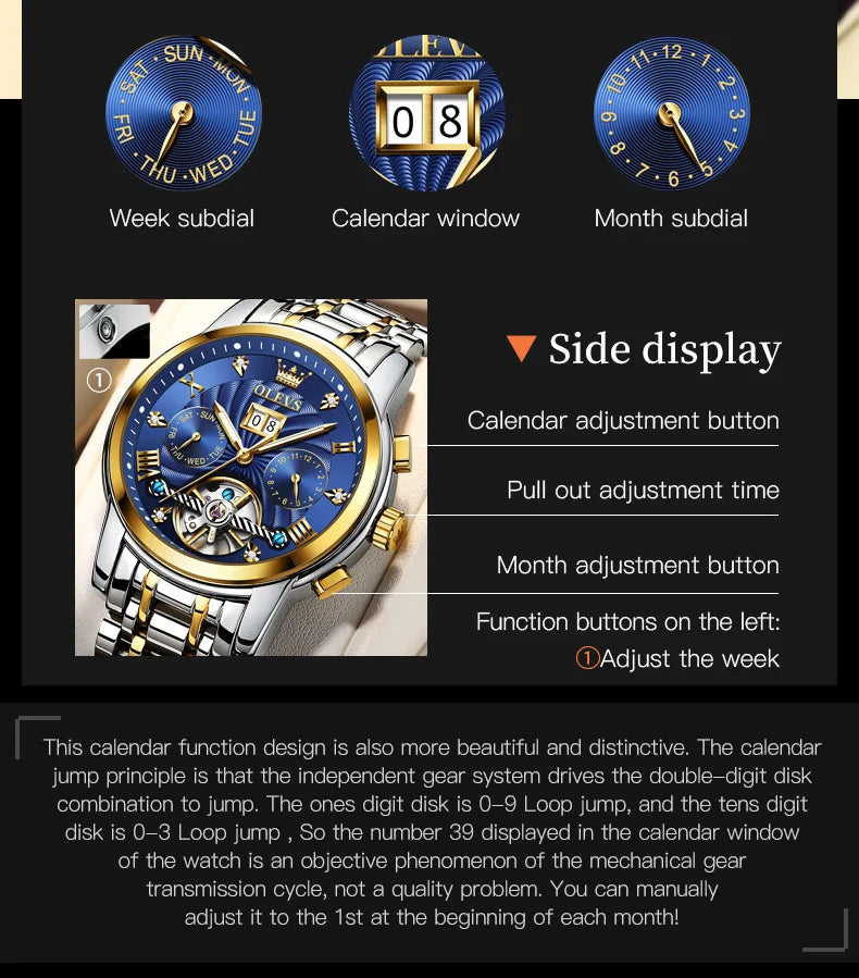 OLEVS 9910 Reloj para hombre Tourbillon de lujo Original Reloj mecánico automático Reloj luminoso resistente al agua con fecha y día con caja Reloj