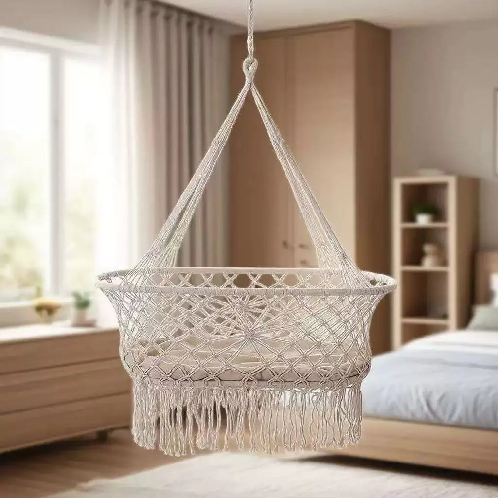 Cuna para Bebé, Cesta Colgante y Columpio Portátil para Guardería Infantil con Flecos de Cuerda