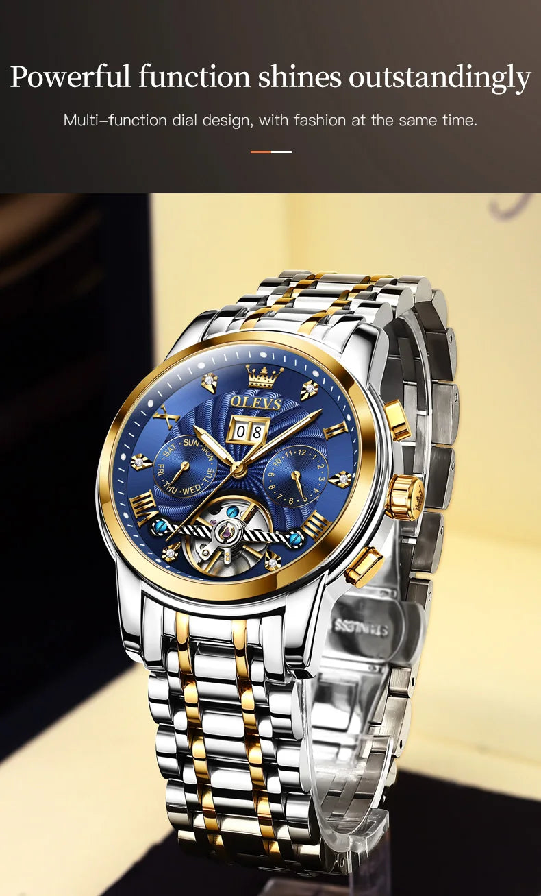 OLEVS 9910 Reloj para hombre Tourbillon de lujo Original Reloj mecánico automático Reloj luminoso resistente al agua con fecha y día con caja Reloj