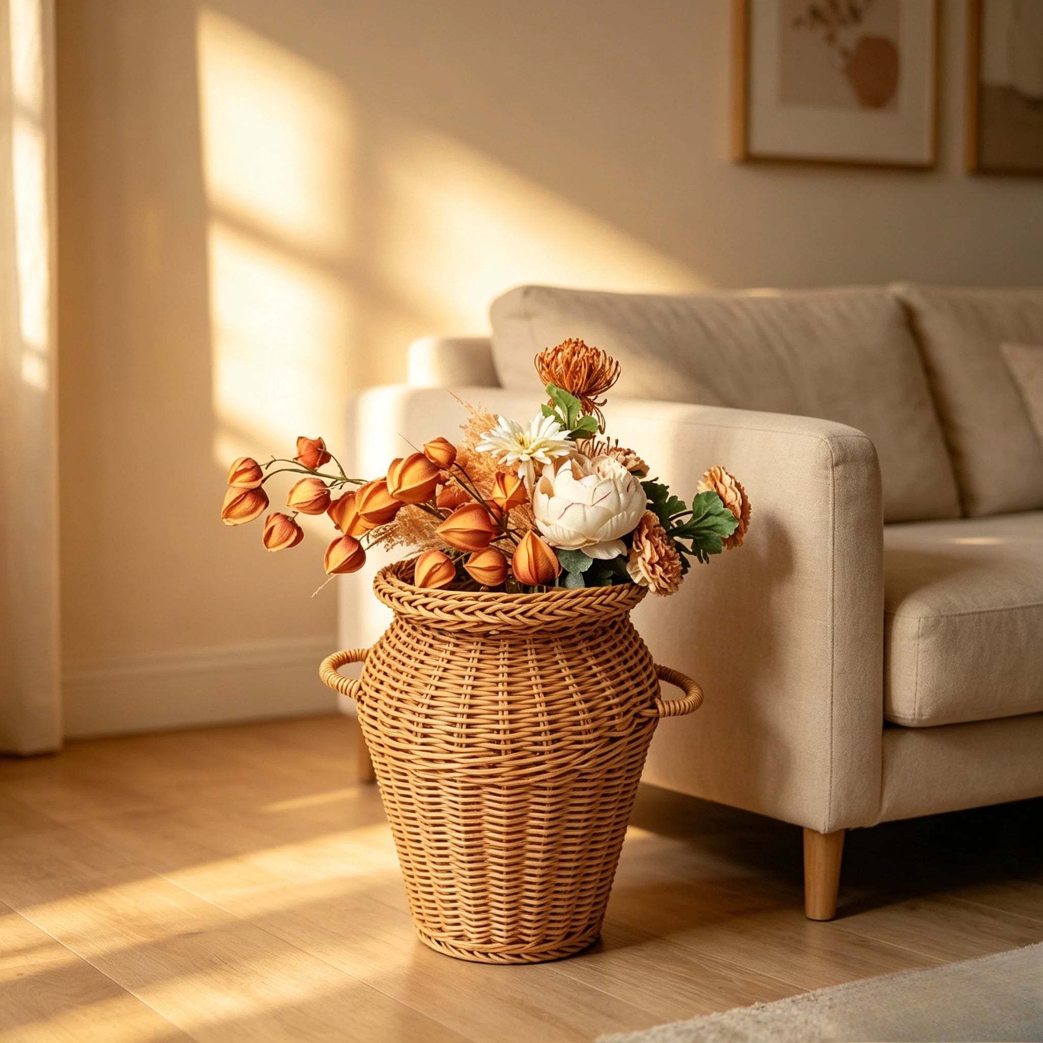 Jarrón de Ratán Tejido a Mano con Asas, Estilo Boho, Maceta Decorativa para Arreglos Florales de Interior y Decoración del Hogar