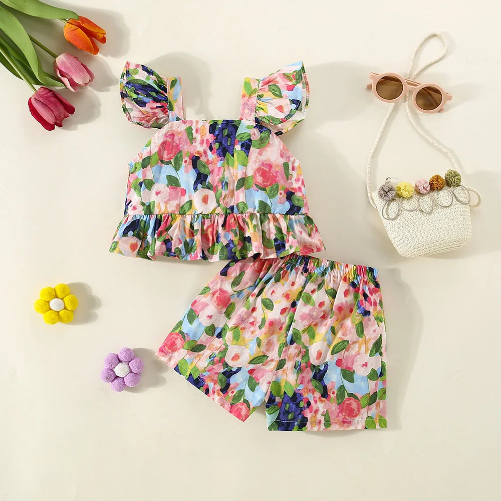 Conjunto de verano de 2 piezas con tirantes y pantalones cortos para niña, Top con tirantes de manga voladora pequeña con estampado de tulipán de dibujos animados
