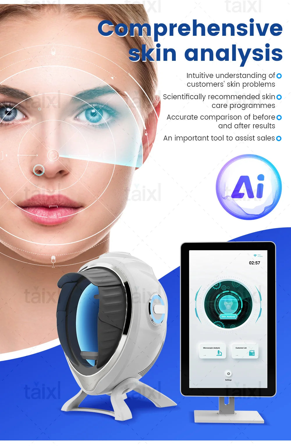 Escáner de piel 3D, analizador facial para el cuidado, máquina de Monitor, espejo mágico, prueba portátil, Detector en inglés, análisis de prueba de cámara facial