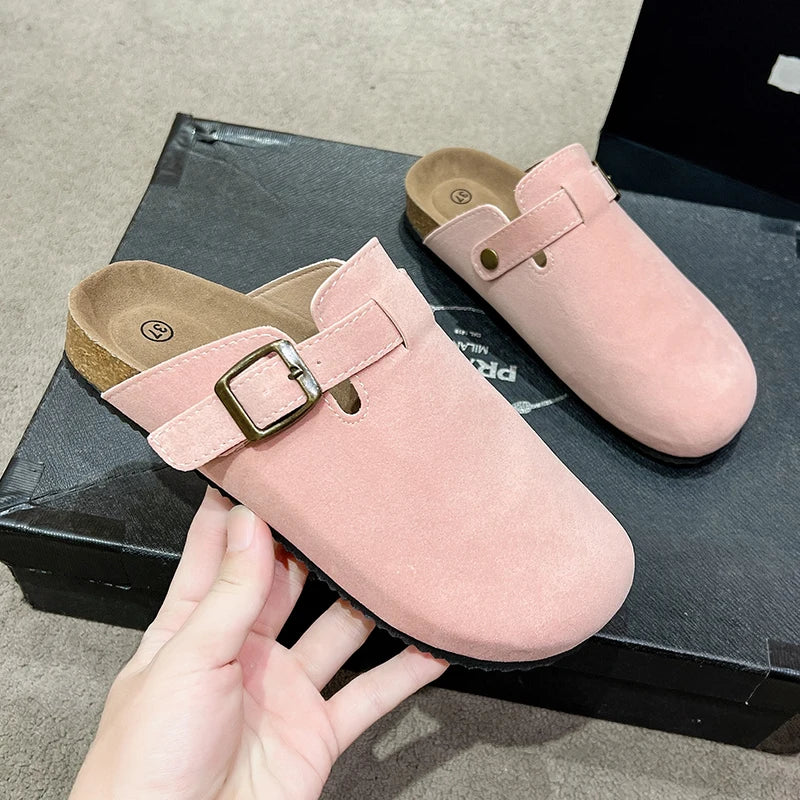 Sandalias de medio arrastre, zuecos para mujer, zapatillas de gamuza de corcho a la moda, zapatillas clásicas antideslizantes de corcho para exteriores con arco