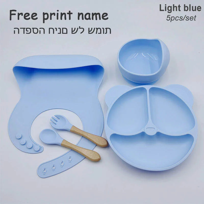 Vajilla de silicona para niños, juego de alimentación de bebé, plato de dibujos animados, nombre personalizado, taza con ventosa, plato, babero, regalo para recién nacido, 8 Uds./5 uds.