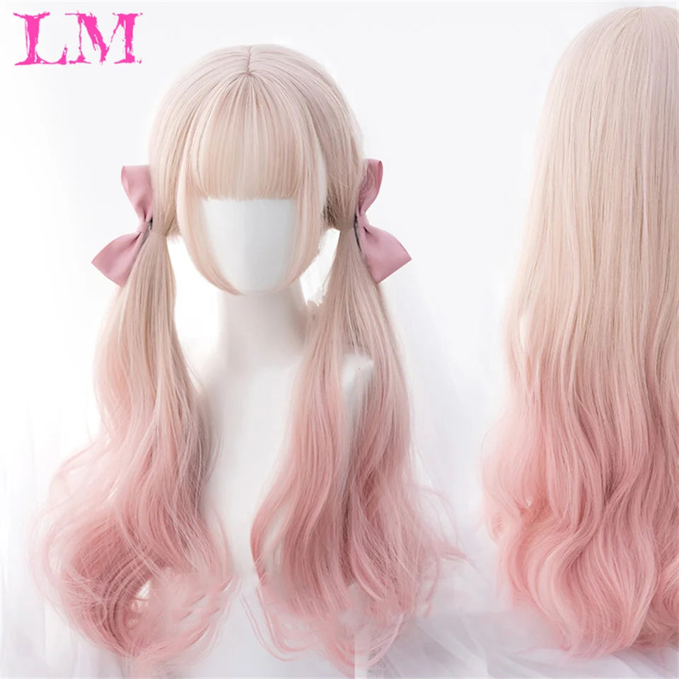 LM Rubio sintético Ombre mezclado rosa Rubio largo ondulado pelucas con flequillo Cosplay fiesta uso fibra resistente al calor para mujeres