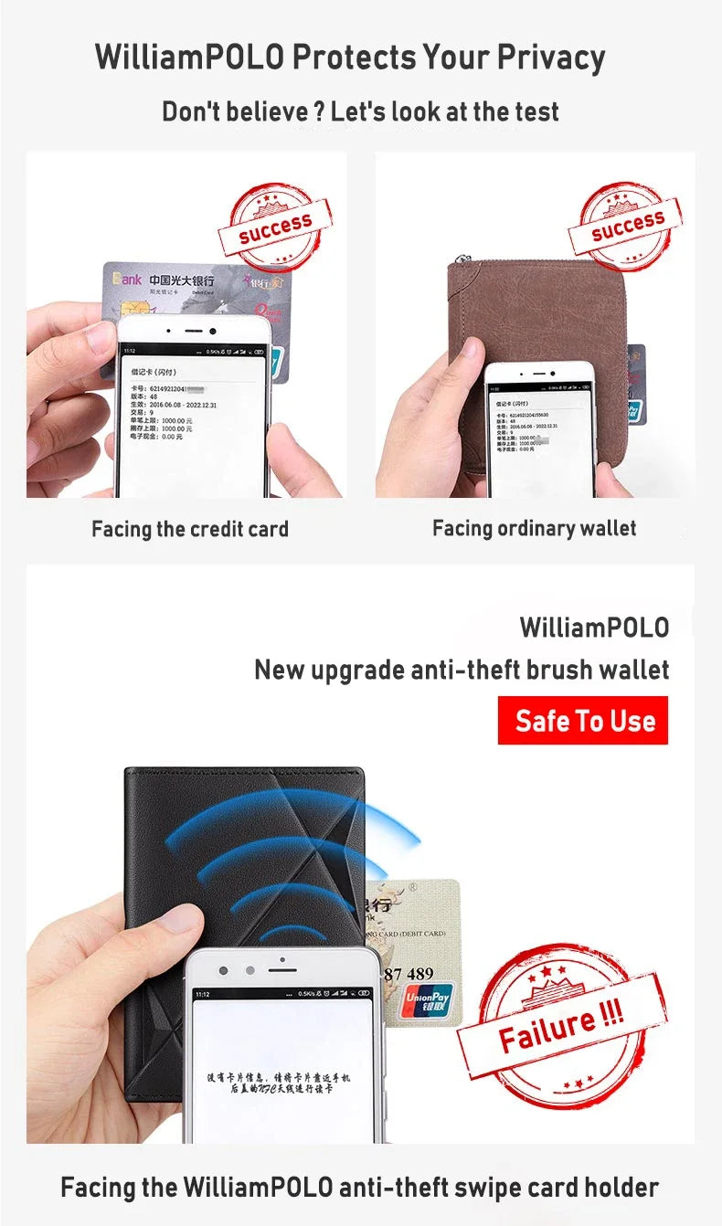 Tarjetero RFID ultrafino compacto de alta gama antidesmagnetización para hombre, bolso para documentos de Cuero de vaca real, miniWILLIAMPOLO desmagnetización
