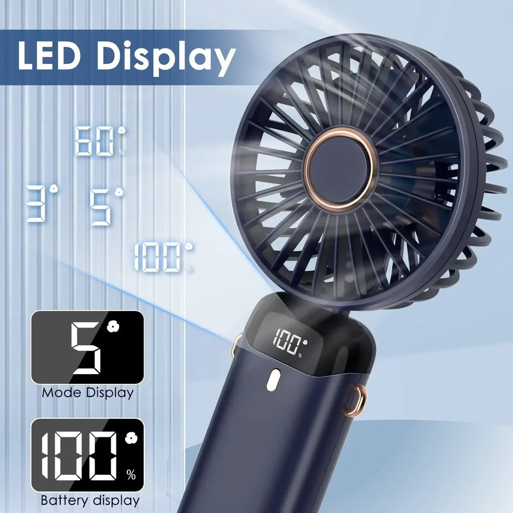 Mini ventilador de mano de 5000mAh, inalámbrico, recargable por USB, portátil, pantalla Digital, soporte para teléfono, ventilador plegable de 5 velocidades para colgar en el cuello