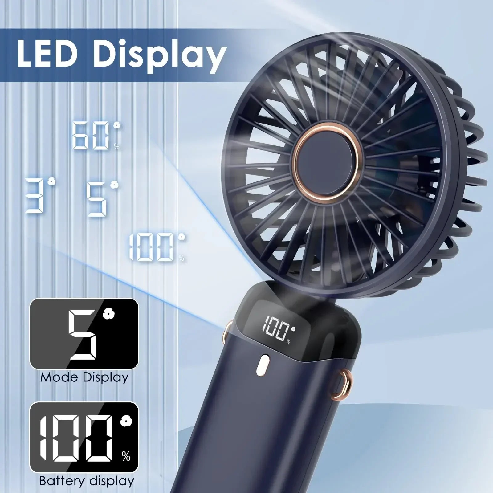 Mini ventilador de mano de 5000mAh, inalámbrico, recargable por USB, portátil, pantalla Digital, soporte para teléfono, ventilador plegable de 5 velocidades para colgar en el cuello