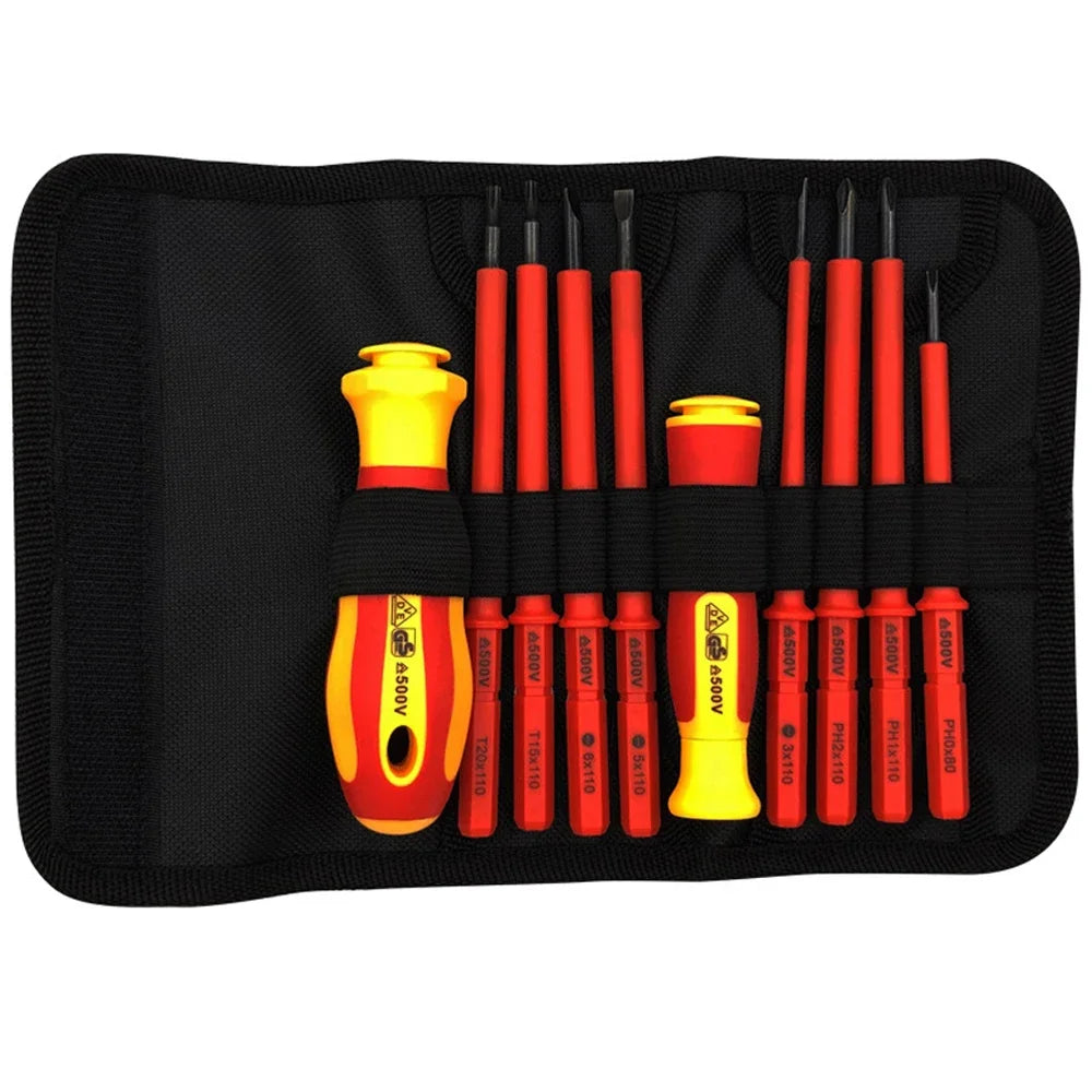 Juego de 10 Destornilladores Aislados VDE 500V, con Puntas Magnéticas Intercambiables y Estuche, para Electricistas Profesionales y Domésticos