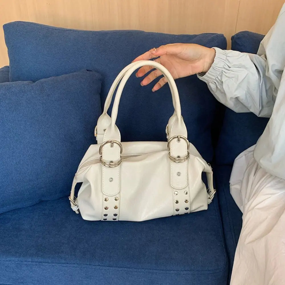 Bolso de Hombro Retro Y2K Simple con Remaches, Bolso de Motocicleta de Cuero PU Estilo Spicy Girl, Bolso Tote de Moda Coreana para Chicas