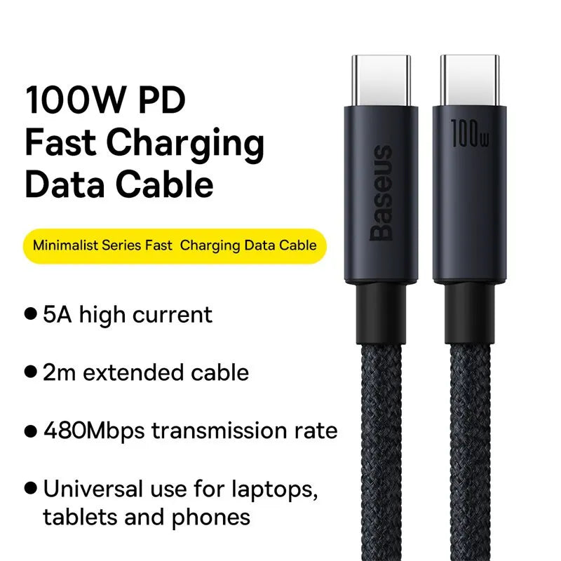Baseus-Cable USB tipo C de carga rápida, cargador de 100W, PD, para iPhone 16, 15 Plus Pro Max, Macbook, Xiaomi y Samsung