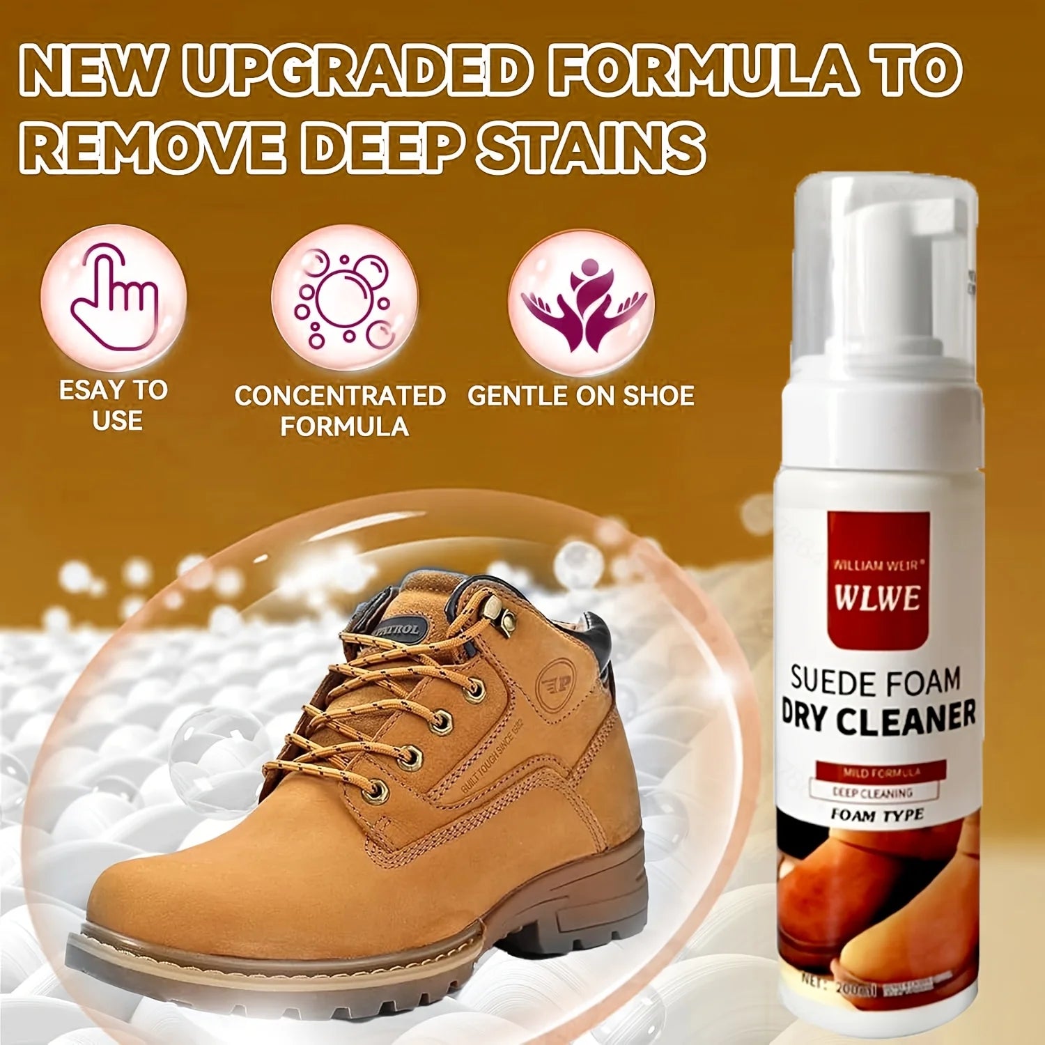 Limpiador de espuma, Kit de cuidado de zapatos de gamuza y piel de vaca, fórmula sin residuos para botas de nieve, zapatos de punto, zapatillas de lona, limpiador de calzado deportivo
