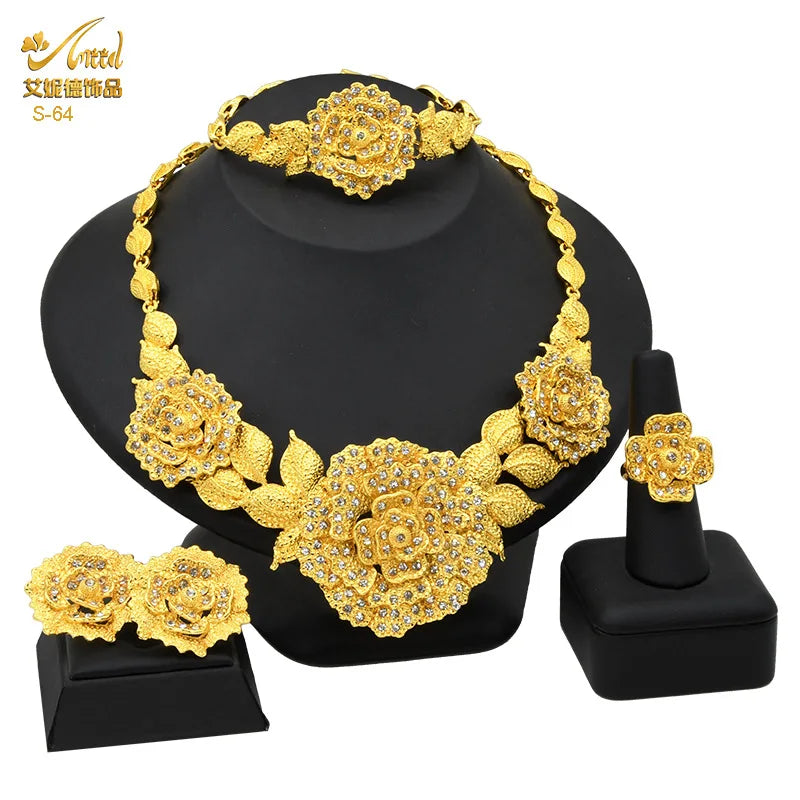 Juego de joyería nupcial de lujo en oro 24k Au999 para novias africanas y mujeres saudíes, collar, pulsera, aretes y anillo, 4 piezas, regalo.
