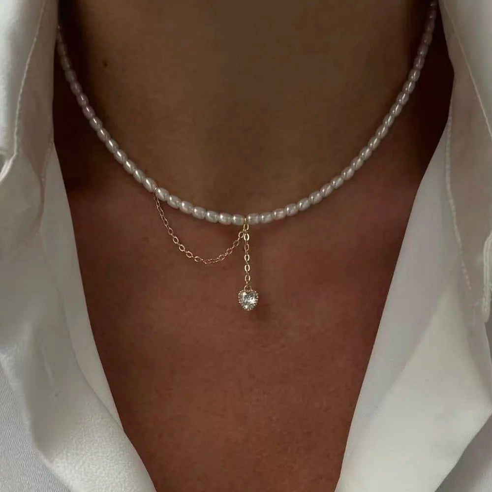 Collar con colgante de cadena con borlas a la moda para mujer, cadena de perlas de imitación y cristal transparente bohemio, joyería, regalo de San Valentín N0538
