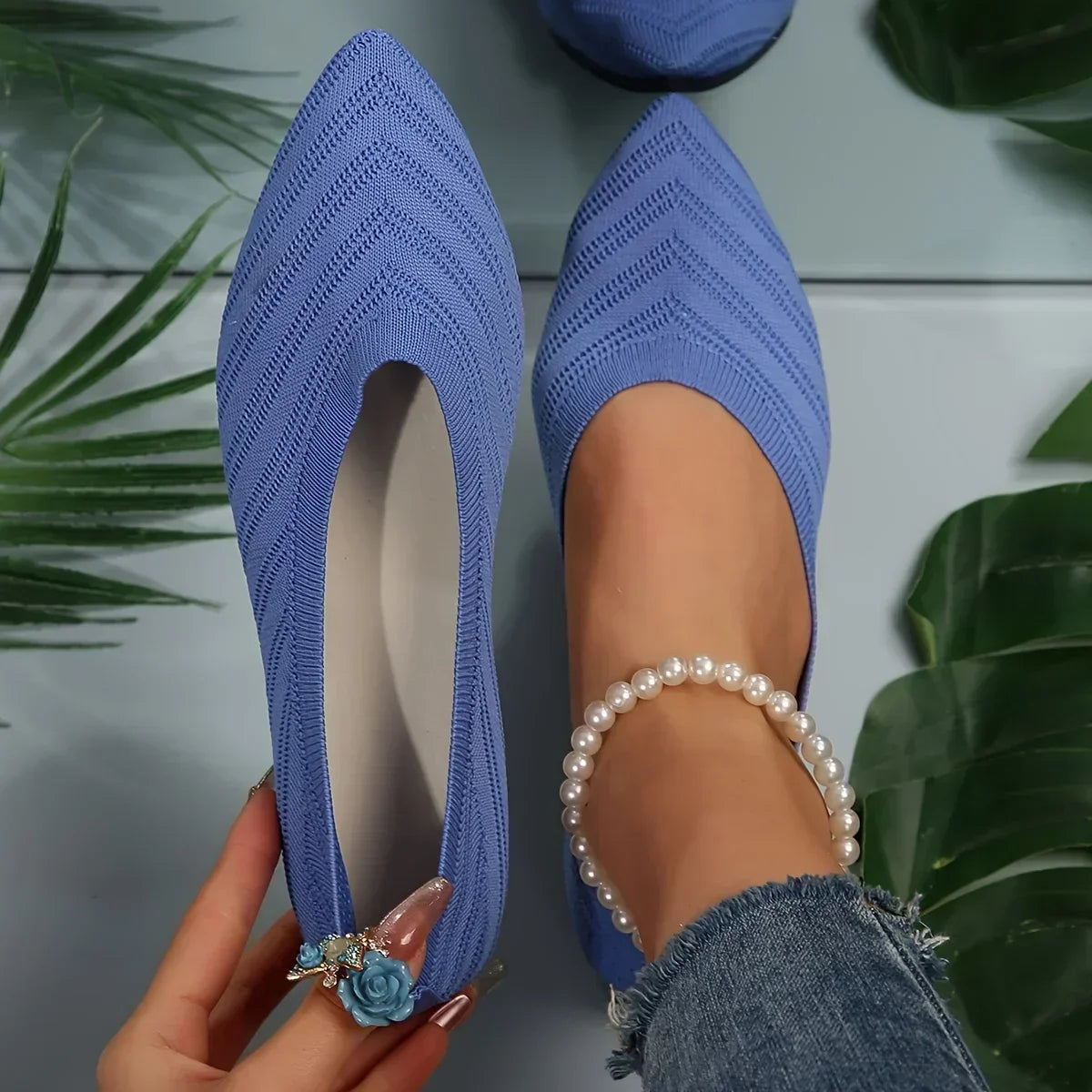 Zapatos planos con punta estrecha para mujer, zapatos sin cordones tejidos de Color sólido, bailarinas informales transpirables, zapatos planos para mujer, mocasines para mujer