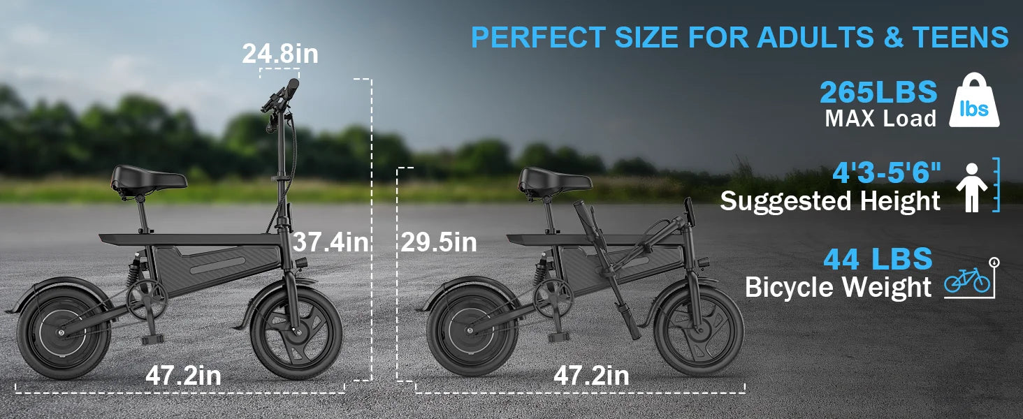 Bicicleta eléctrica plegable de 14 pulgadas, Motor sin escobillas de 350W, batería de 48V y 9Ah, velocidad máxima de 22MPH, 28 millas de largo alcance para adultos