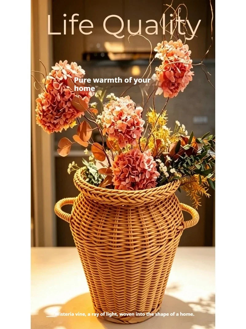 Jarrón de Ratán Tejido a Mano con Asas, Estilo Boho, Maceta Decorativa para Arreglos Florales de Interior y Decoración del Hogar