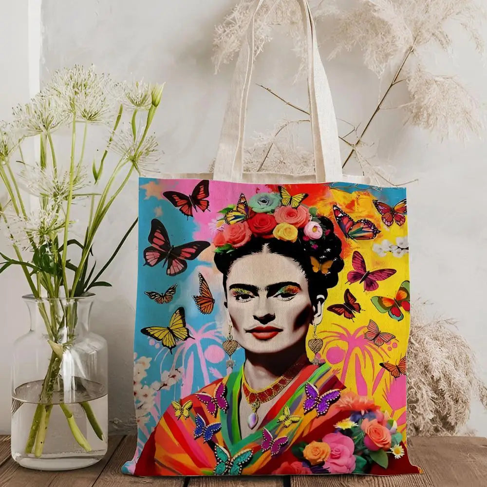 Bolsos de Almacenamiento Art F-Frida Kahlo, Bolso Tote de Lona con Estampado a Doble Cara, Bolso de Hombro de Gran Capacidad para Mujer