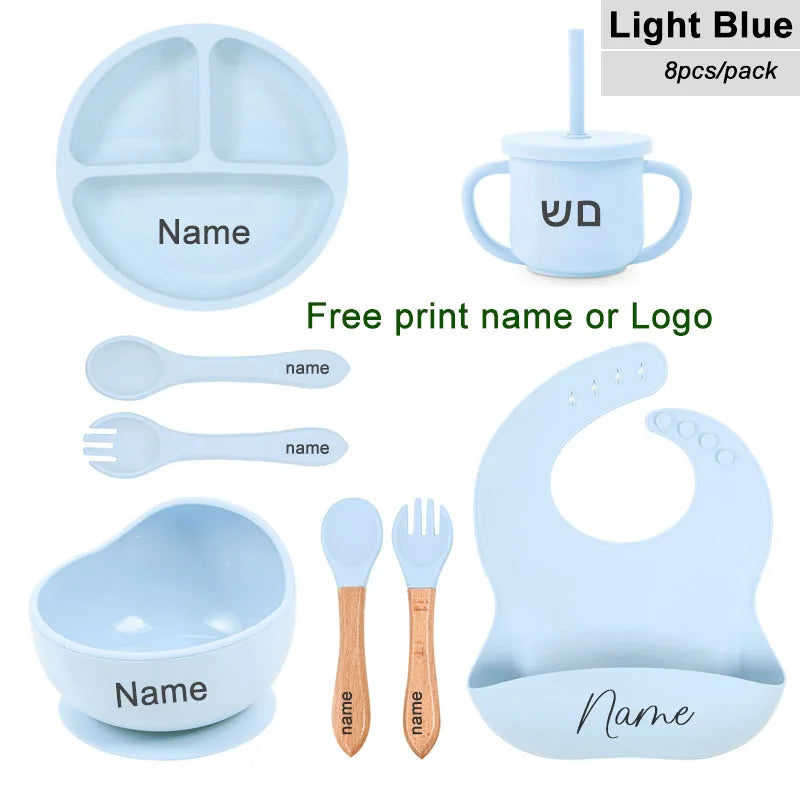 Juego de alimentación de silicona para bebé, plato de comedor redondo, cuenco con ventosa, platos para niños, vajilla con nombre personalizado, taza de paja, 8 Uds.