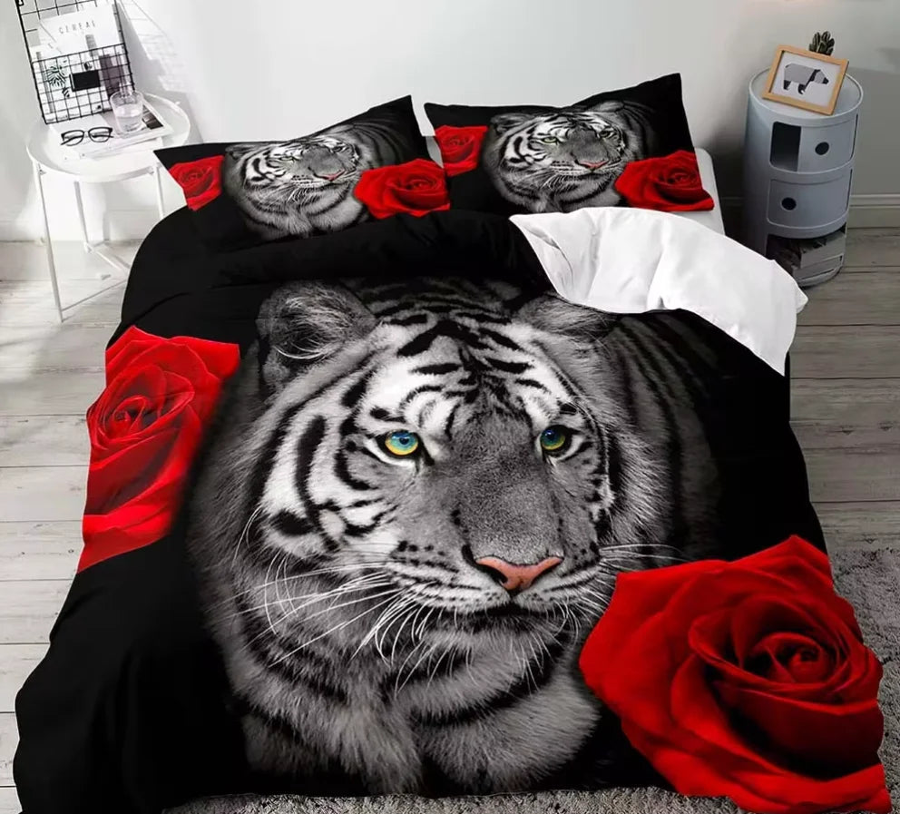 Juego de cama de tamaño completo para parejas, funda de edredón, decoración de dormitorio, León, Rey y Reina, Animal Safari africano, color negro, 3 piezas