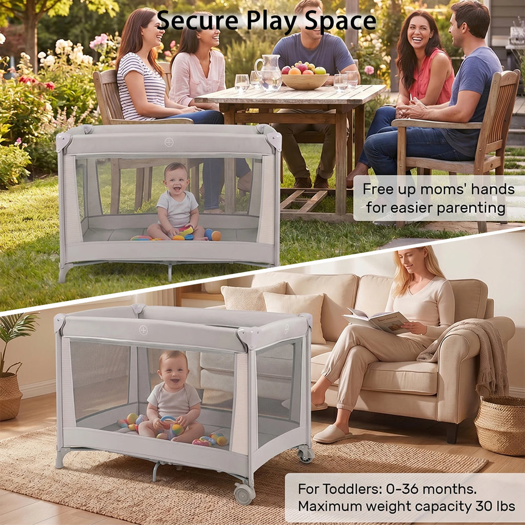 Cuna de Viaje Plegable con Colchón Suave, Ruedas y Bolsa de Transporte, Plegado Rápido y Compacto para Uso en Interiores y Exteriores para Recién Nacidos y Niños Pequeños