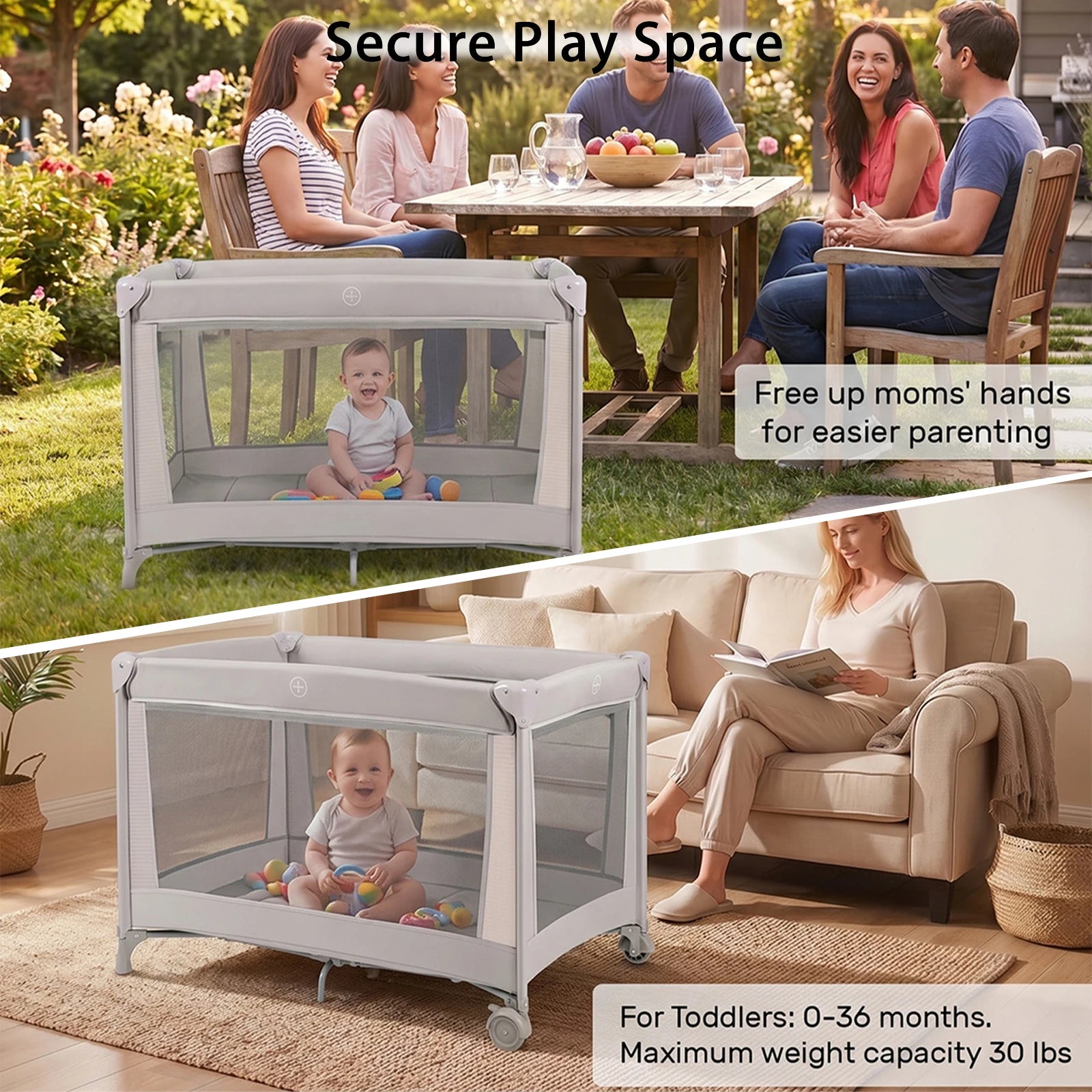 Cuna de Viaje Plegable con Colchón Suave, Ruedas y Bolsa de Transporte, Plegado Rápido y Compacto para Uso en Interiores y Exteriores para Recién Nacidos y Niños Pequeños