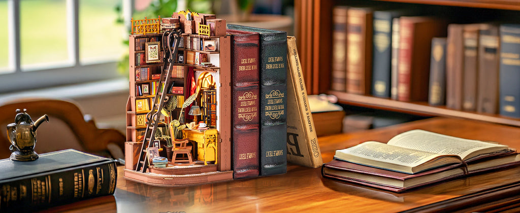Robotime Book Nook Kits Silent Corner Study DIY Book Nook Miniature House Kit Puzzle Bookend Bookshelf Decor Gift TGE02