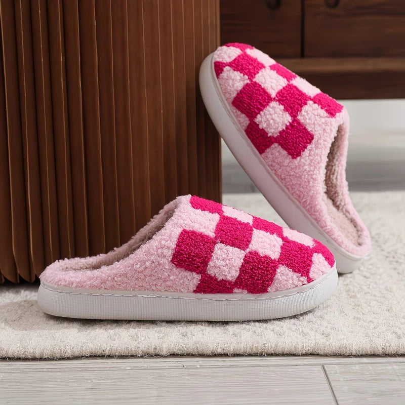 Zapatilla a cuadros para mujer, invierno cálido, hogar, dibujos animados Kawaii, Contton de felpa, interior, divertido, lindo, peludo, zapatos de suelo para casa, tablero de ajedrez femenino