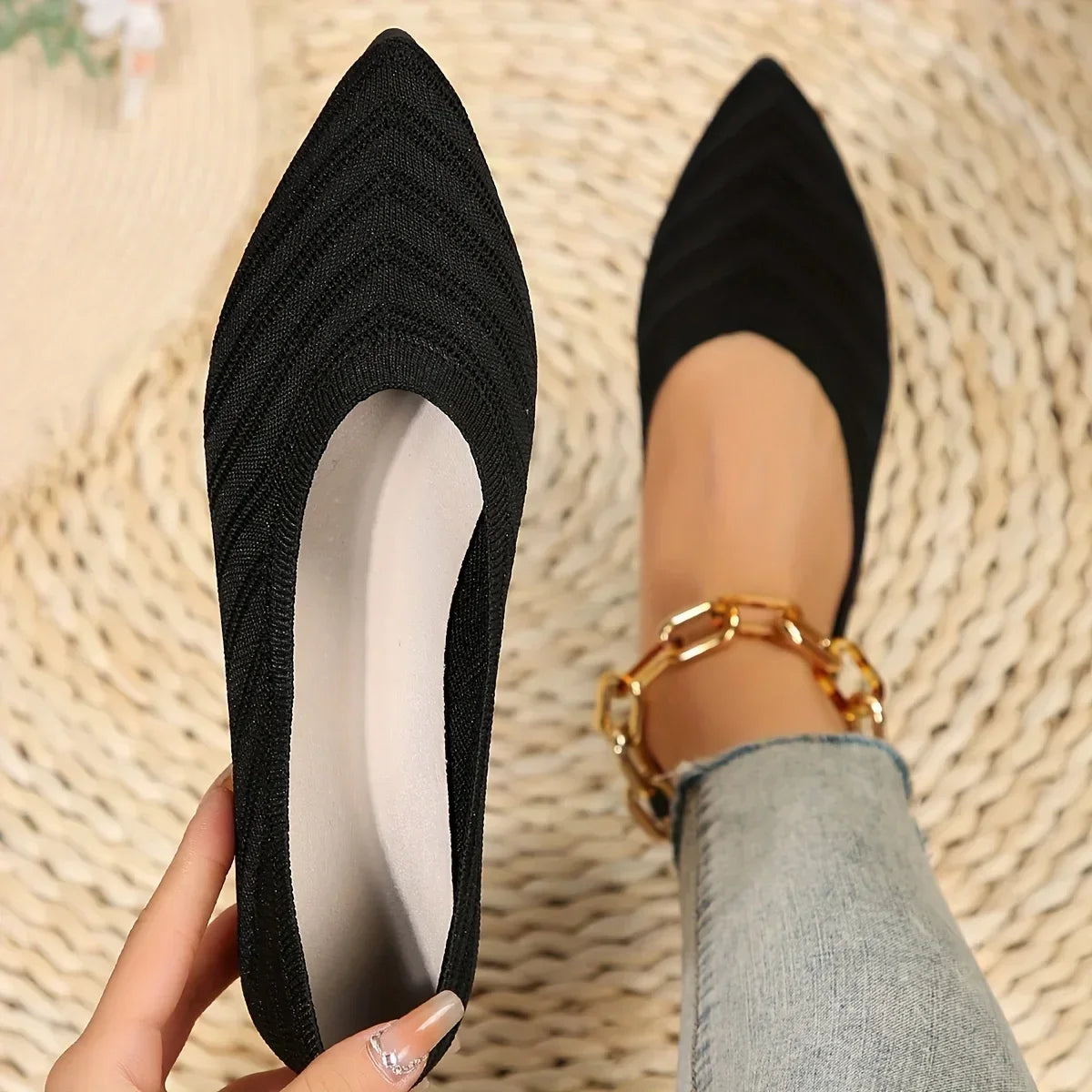 Zapatos planos con punta estrecha para mujer, zapatos sin cordones tejidos de Color sólido, bailarinas informales transpirables, zapatos planos para mujer, mocasines para mujer